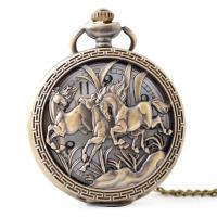 Pocket Watch, Zinc Alloy, with Plastic, Chinese movement, Horse, antique brass color plated, for man, metallic color plated, 45MM Approx 19 Inch 