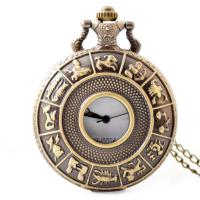 Pocket Watch, Zinc Alloy, with Plastic, Chinese movement, 12 Signs of the Zodiac, antique brass color plated, Unisex, metallic color plated, 45MM Approx 19 Inch 