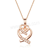 Cubic Zircon Micro Pave Brass Necklace, Heart, rose gold color plated, oval chain & micro pave cubic zirconia & for woman Approx 18 Inch 
