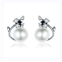 925 Sterling Silver Stud Earring, with Shell Pearl, Round, real silver plated, micro pave cubic zirconia & for woman  