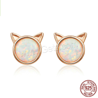 Sterling Silver Stud Earring, 925 Sterling Silver, with Opal, Cat, rose gold color plated, for woman 