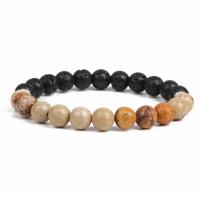 Lava Bead Bracelet, with Picture Jasper & Wood, Unisex black and brown, 8mm Approx 7.8 