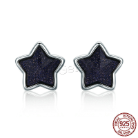 Sterling Silver Stud Earring, 925 Sterling Silver, with Goldstone, Star, gold black plated, for woman, 9mm 