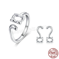 Fashion Sterling Silver Jewelry Sets, 925 Sterling Silver, Stud Earring & finger ring, Cat, platinum plated, adjustable & for woman & hollow 2mm, US Ring 