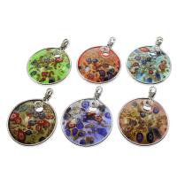 Inner Flower Lampwork Pendants, with Iron, Flat Round, platinum color plated, gold sand, mixed colors Approx 5mm 