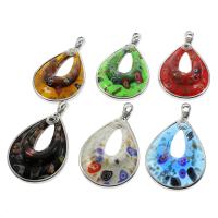Inner Flower Lampwork Pendants, with Iron, Teardrop, platinum color plated, gold sand, mixed colors Approx 5mm 