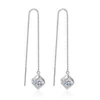 Brass Thread Through Earrings, Cube, silver color plated, for woman & with cubic zirconia & hollow, 105mm,8mm 