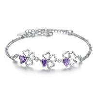 Cubic Zirconia Brass Bracelets, with 30mm extender chain, Four Leaf Clover, silver color plated, for woman & with cubic zirconia, purple, 12mm Approx 6.7 Inch 