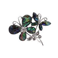 Abalone Shell Brooch, with Zinc Alloy, Butterfly, silver color plated, Unisex & with rhinestone, 55*50mm 