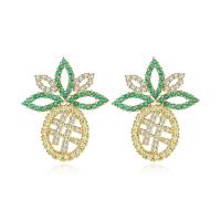 Cubic Zircon Brass Earring, Pineapple, gold color plated, micro pave cubic zirconia & for woman, two different colored, nickel, lead & cadmium free, 19*23mm 