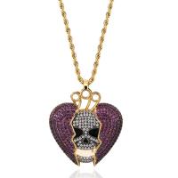 Brass Sweater Chain Necklace, Skull, 18K gold plated, Unisex & micro pave cubic zirconia, purple, nickel, lead & cadmium free Approx 24 Inch 