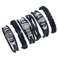 Cowhide Bracelets, with Linen & PU Leather & Zinc Alloy, plated, 6 pieces & Adjustable & Unisex & woven pattern, black Approx 7 Inch 