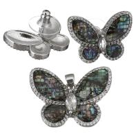 Brass Jewelry Set, Stud Earring & pendant, with Abalone Shell, Butterfly, silver color plated, mosaic  Approx 3.5mm 