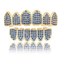 Brass Hip Hop Teeth Grillz, with FDA Silicone, gold color plated, micro pave cubic zirconia & for man, blue, nickel, lead & cadmium free  