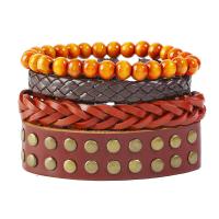 Faux Leather Bracelet, with PU Leather & Wood, vintage & for man & multi-strand, brown Approx 6 Inch 
