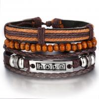 Leather Bracelet Set, with Wood, three pieces & for man, brown, 40mm 