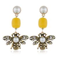 Zinc Alloy Drop Earring, with ABS Plastic Pearl, Bee, gold color plated, for woman & with rhinestone 