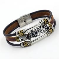 Leather Bracelet, with Stainless Steel & Zinc Alloy, zinc alloy interlocking clasp, plated, for man & multi-strand, brown Approx 8 Inch 