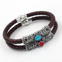 Faux Leather Bracelet, with turquoise & Zinc Alloy, zinc alloy magnetic clasp, silver color plated, folk style & Unisex & hollow Approx 8 Inch 