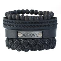 PU Leather Bracelet, with Waxed Cotton Cord & Kraft & Wood, Unisex & multi-strand, black Approx 6 Inch 