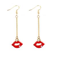 Enamel Zinc Alloy Drop Earring, Lip, gold color plated, for woman & with rhinestone, red, 70mm 