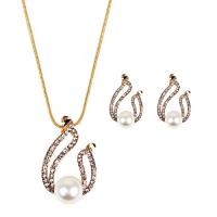 Rhinestone Zinc Alloy Jewelry Set, Stud Earring & necklace, with ABS Plastic Pearl, with 7cm extender chain, gold color plated, snake chain & for woman & with rhinestone, 35mm,30mm Approx 16.1 Inch 