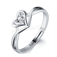 925 Sterling Silver Cuff Finger Ring, Heart, platinum plated, for woman & with cubic zirconia US Ring 