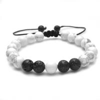 Lava Bead Bracelet, with Gemstone, Adjustable & Unisex, white and black, 8mm Approx 6 Inch 