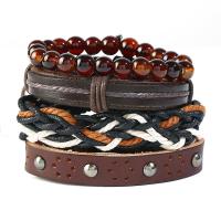 PU Leather Bracelet, with Faux Leather & Waxed Cotton Cord & Gemstone & Zinc Alloy, zinc alloy pin buckle, plated, Unisex & multi-strand, henna Approx 6 Inch 