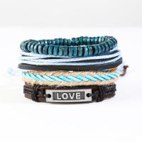 Waxed Cotton Cord Bracelet, with PU Leather & Gemstone & Zinc Alloy, plated, Adjustable & Unisex & multi-strand, blue Approx 6 Inch 