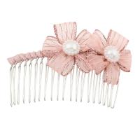 Iron Decorative Hair Comb, with ABS Plastic Pearl & Cloth, Flower, silver color plated, for woman, pink, 80*55*12mm 