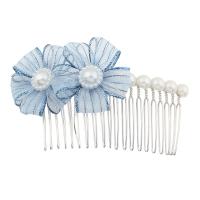 Iron Decorative Hair Comb, with ABS Plastic Pearl & Etamine, Flower, silver color plated, for woman, blue, 90*55*12mm 