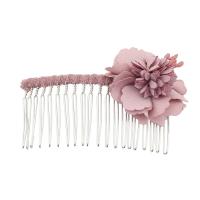 Iron Decorative Hair Comb, with Cloth & PU Leather, Flower, silver color plated, for woman, pink, 83*53*20mm 