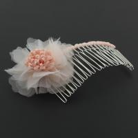 Iron Decorative Hair Comb, with Etamine, Flower, silver color plated, for woman, pink, 95*60*20mm 