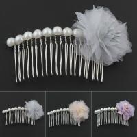 Iron Decorative Hair Comb, with ABS Plastic Pearl & Etamine, Flower, silver color plated, for woman 90*55*25mm 