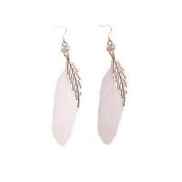 Fashion Feather Earring , Zinc Alloy, with Feather & Crystal, gold color plated, for woman, white, 80mm 