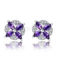 Sterling Silver Stud Earring, 925 Sterling Silver, Flower, platinum plated, micro pave cubic zirconia & for woman, purple, 8mm 