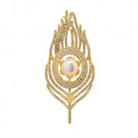 Freshwater Pearl Brooch, Brass, with Freshwater Pearl, Feather, plated, micro pave cubic zirconia & for woman 25*59mm 