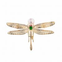 Freshwater Pearl Brooch, Brass, with Freshwater Pearl, Dragonfly, plated, micro pave cubic zirconia & for woman 35*58mm 