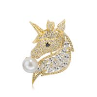 Freshwater Pearl Brooch, Brass, with Freshwater Pearl, Unicorn, plated, micro pave cubic zirconia & for woman 30*50mm 