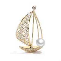 Freshwater Pearl Brooch, Brass, with Freshwater Pearl, Ship, plated, micro pave cubic zirconia & for woman 28*45mm 