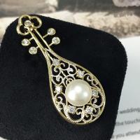 Freshwater Pearl Brooch, Brass, with Freshwater Pearl, gold color plated, for woman & with cubic zirconia, 16*43mm 