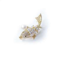 Freshwater Pearl Brooch, Brass, with Freshwater Pearl & Brass, Fish, gold color plated, Unisex & with cubic zirconia, 24*52mm 