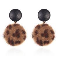 Fluffy Pom Pom Earrings, Zinc Alloy, with PU Leather, zinc alloy post pin, Round, plated, fashion jewelry & for woman, brown 