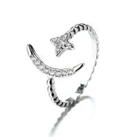 Brass Cuff Finger Ring, Moon and Star, platinum plated, micro pave cubic zirconia & for woman 6mm, US Ring 