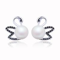Cubic Zirconia Micro Pave Brass Earring, with Plastic Pearl, Swan, silver color plated, micro pave cubic zirconia & for woman, 14*14mm 