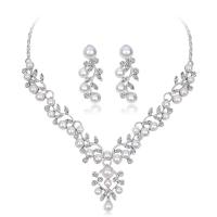 Rhinestone Zinc Alloy Jewelry Set, earring & necklace, with Plastic Pearl, zinc alloy lobster clasp, zinc alloy post pin, plated, for woman & with rhinestone, platinum color, 33mm,14mm,30mm,22mm Approx 17.7 Inch 