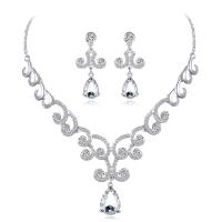 Rhinestone Zinc Alloy Jewelry Set, earring & necklace, zinc alloy lobster clasp, zinc alloy post pin, plated, for woman & with rhinestone, platinum color, 45mm,21mm,47mm,57mm Approx 17.7 Inch 