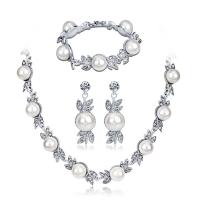 Rhinestone Zinc Alloy Jewelry Set, bracelet & earring & necklace, with Plastic Pearl, zinc alloy lobster clasp, zinc alloy post pin, plated, for woman & with rhinestone, platinum color, 40mm,13mm,170mm Approx 15.7 Inch 