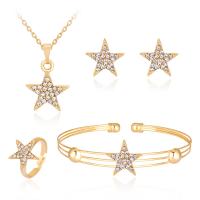 Rhinestone Zinc Alloy Jewelry Set, bangle & finger ring & earring & necklace, zinc alloy lobster clasp, zinc alloy post pin, Star, plated, for woman & with rhinestone, golden, 23mm,15mm,15mm,15mm,15mm,15mm,168mm,15mm,15mm Approx 15.7 Inch 